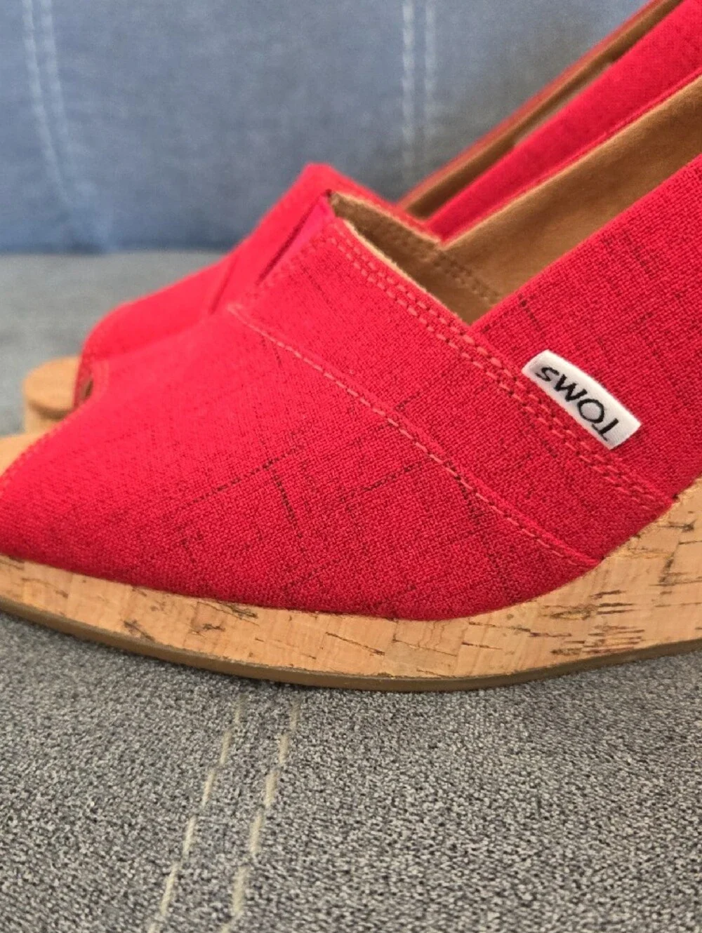 TOMS Red Peep-Toe Cork Wedge Espadrilles